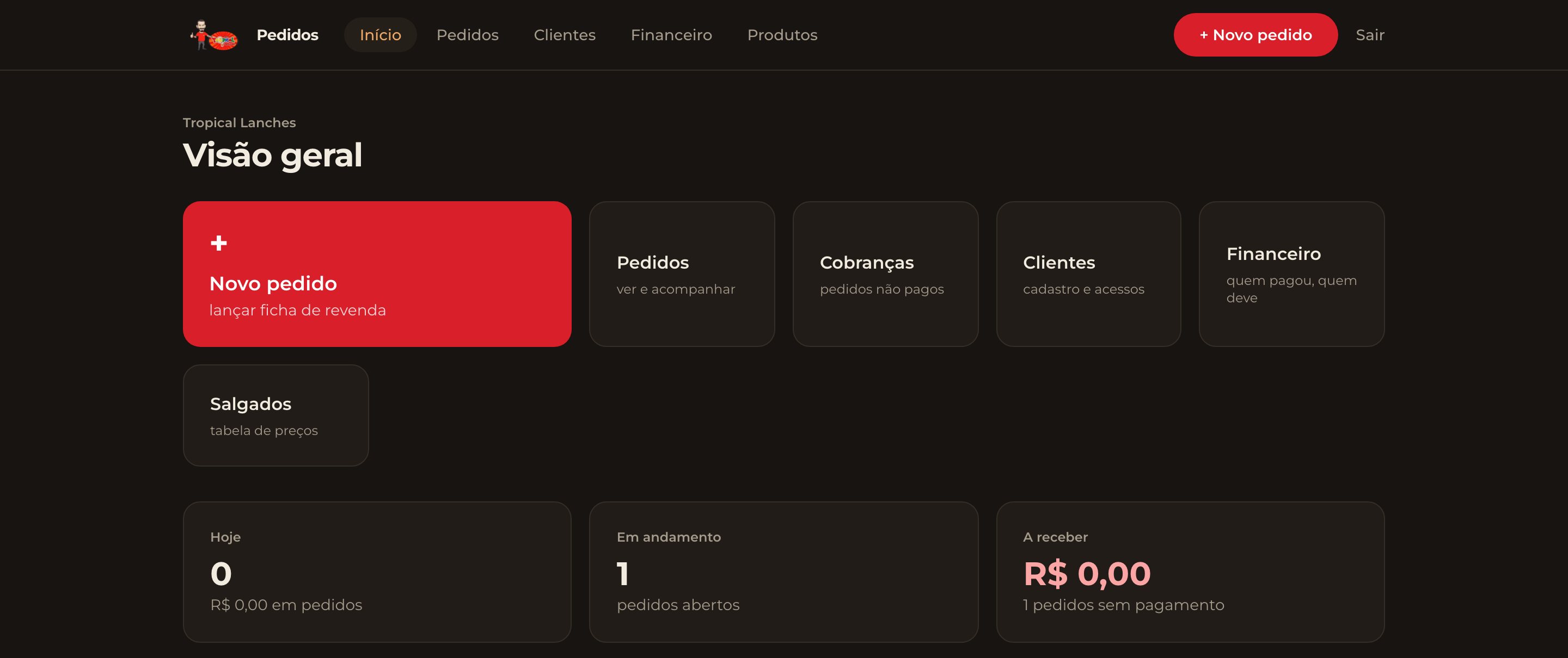 Painel de visão geral do Tropical Pedidos