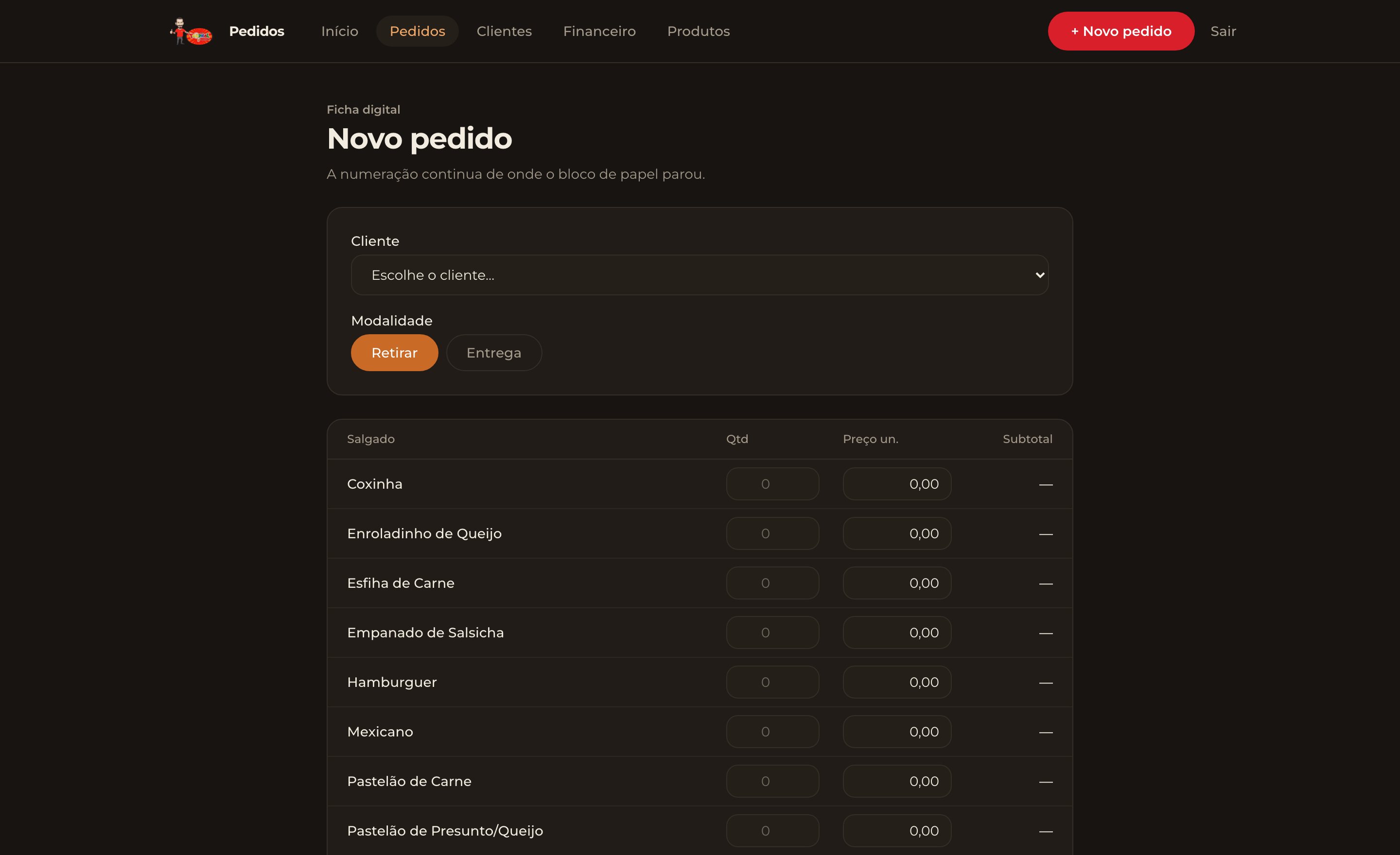 Tropical Pedidos — ficha digital de novo pedido com a lista de salgados